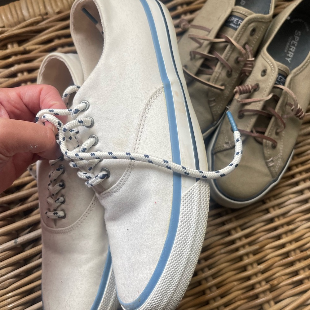 Sperry womans'sWhite and Blue Canvas Sneakers
Also olive pair

Used